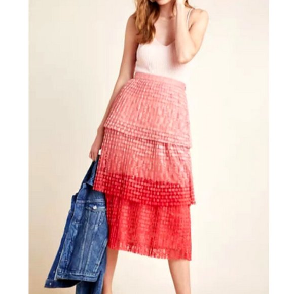 Anthropologie Maeve 6 NWT Brighton Tiered Midi Skirt Ombre Lace Pink Tiered